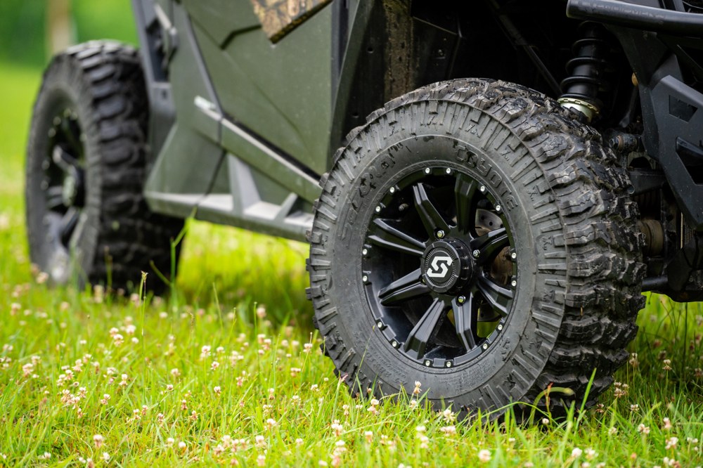 Close-up of a Sedona tire and wheel fitted to a UTV